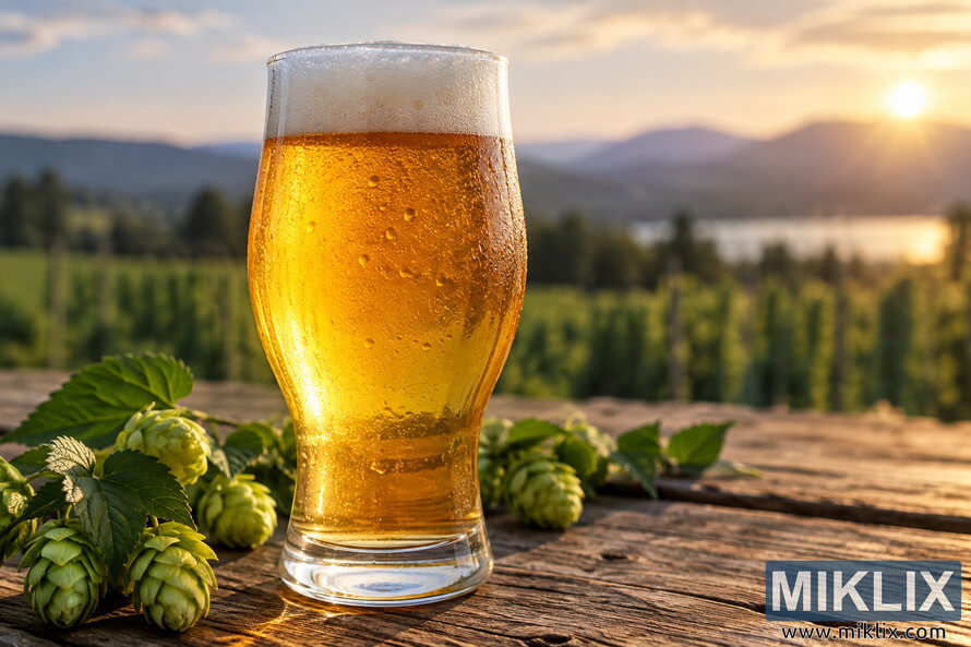 Cold golden single-hop pale ale in an unbranded craft beer glass with creamy foam and condensation, surrounded by fresh green hop cones on a rustic wooden table overlooking a softly blurred hop field, distant hills and water at sunset.