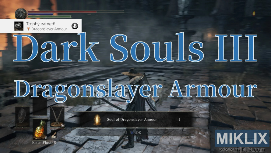 Dark Souls III screenshot showing victory over Dragonslayer Armour with reward notification.