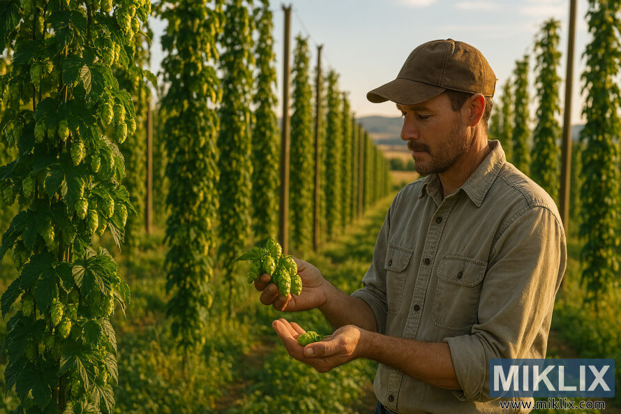 Farmer inspecting fresh green hop cones in a sunlit American hop field at golden hour, with rows of vines and rolling hills in the background.