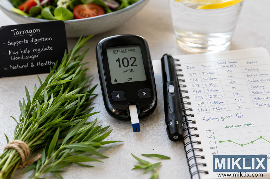High-resolution landscape image showing a blood glucose monitor, lancet pen, handwritten blood sugar journal, and fresh tarragon on a light tabletop with healthy food and lemon water in the background, illustrating natural blood sugar management and wellness.
