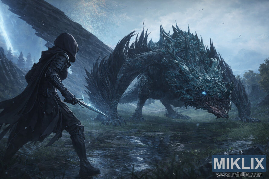 Fan art in stile anime dell'armatura Tarnished in Black Knife che si avvicina cautamente al Drago di Pietra Luminosa Smarag nelle nebbiose zone umide di Liurnia dei Laghi, pochi istanti prima dell'inizio del combattimento.