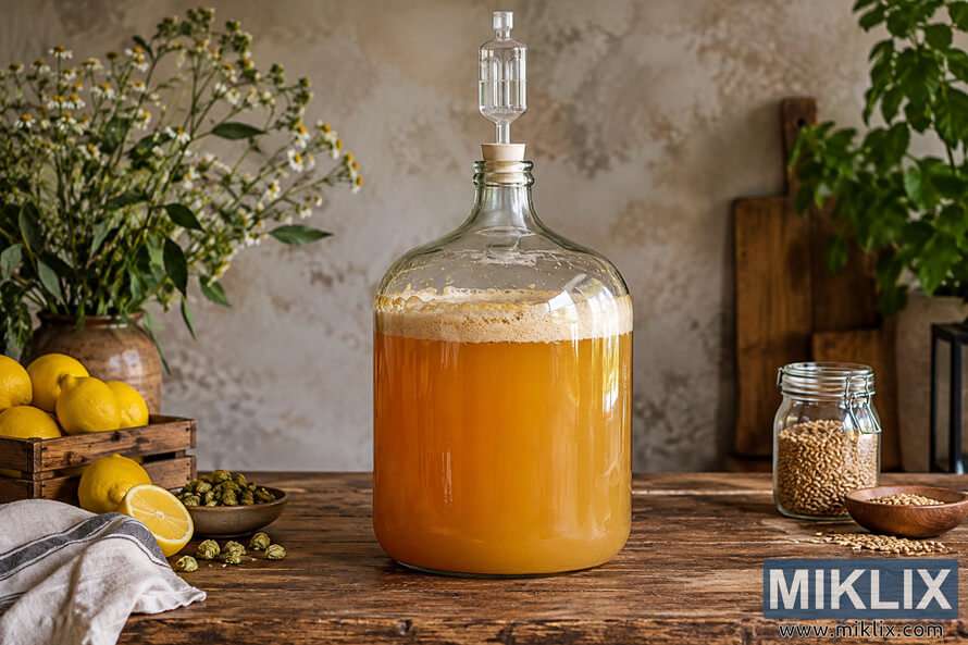 Glass carboy filled with cloudy golden fermenting liquid and foam on a rustic wooden table, surrounded by lemons, grains, flowers, and greenery. Glass carboy filled with cloudy golden fermenting liquid and foam on a rustic wooden table, surrounded by lemons, grains, flowers, and greenery.