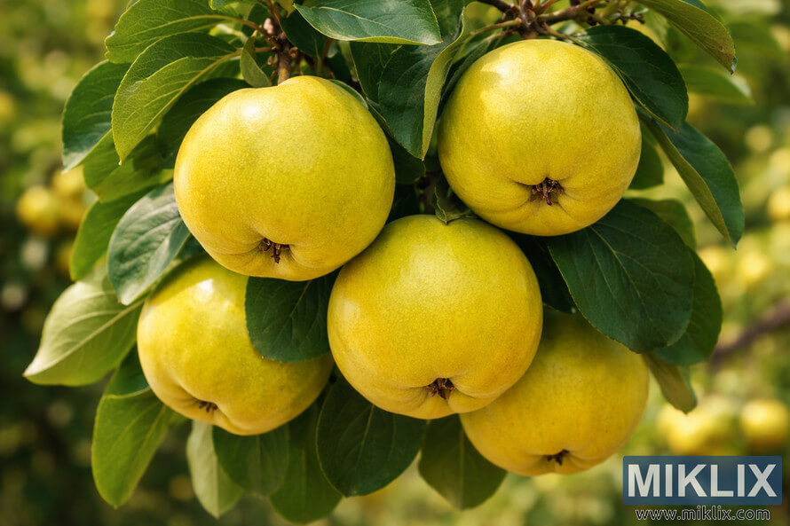 Cluster of ripe Smyrna quinces hanging on a branch, showing round apple-like shape and golden-yellow skin among green leaves.