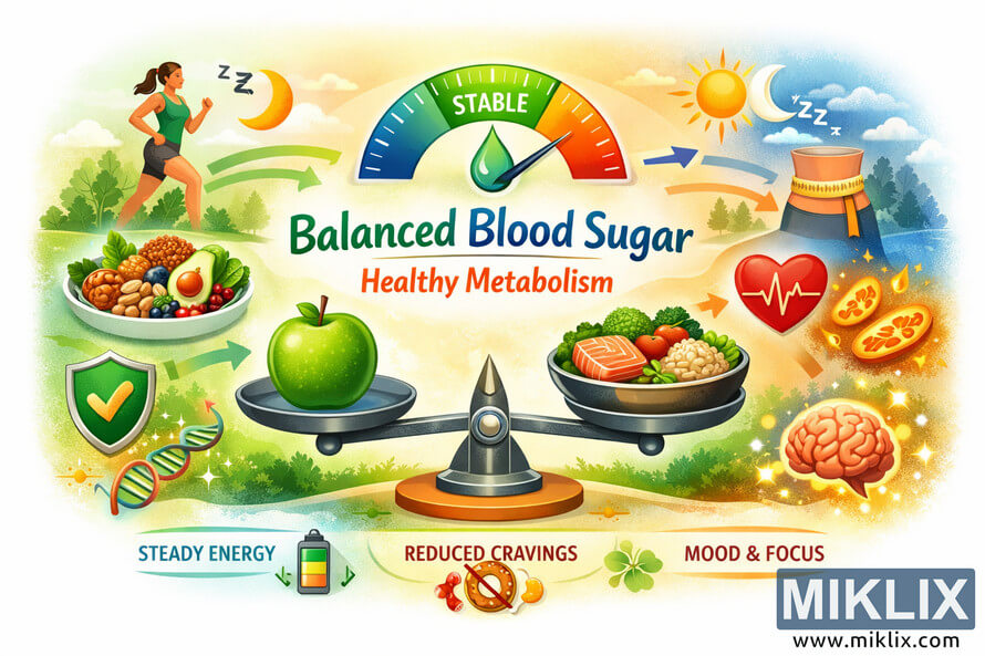 Infographic showing balanced blood sugar and healthy metabolism with a scale, healthy foods, and wellness icons. Infographic showing balanced blood sugar and healthy metabolism with a scale, healthy foods, and wellness icons.