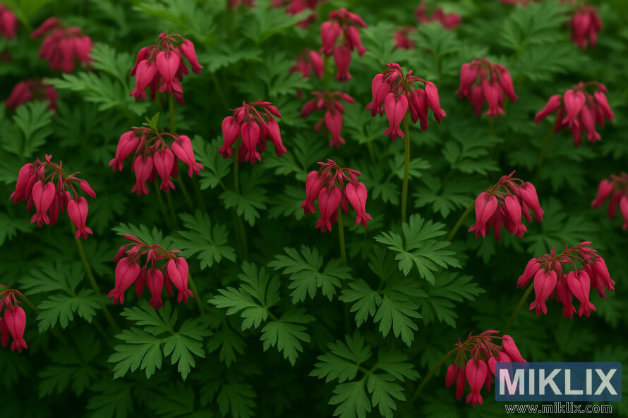 Gros plan des plantes Luxuriant Bleeding Heart avec des fleurs en forme de cÅur rose profond et un feuillage vert semblable Ã  une fougÃ¨re dans un cadre naturel de jardin.