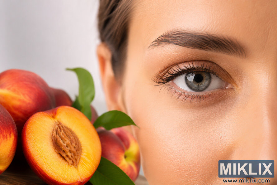 Close-up landscape image of a healthy human eye beside fresh nectarines and sliced stone fruit, symbolizing the nutritional benefits of nectarines for eye health and vision support. Close-up landscape image of a healthy human eye beside fresh nectarines and sliced stone fruit, symbolizing the nutritional benefits of nectarines for eye health and vision support.