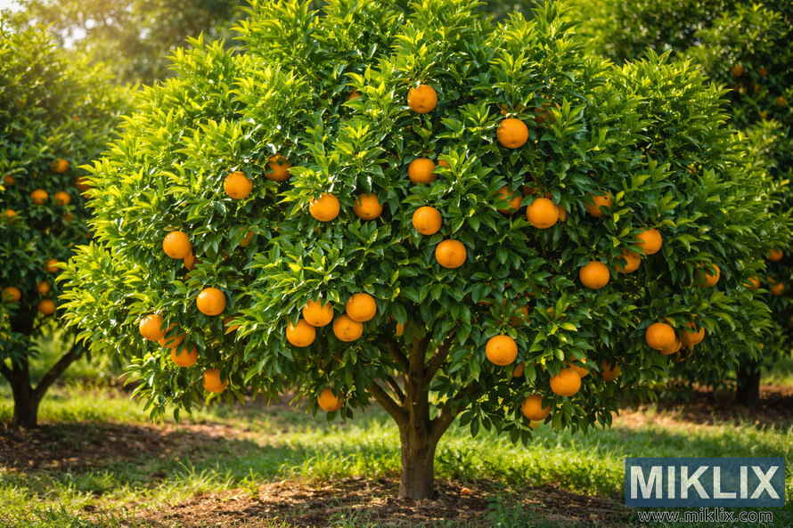 Healthy citrus tree with dense green leaves and ripe oranges growing in a sunlit orchard