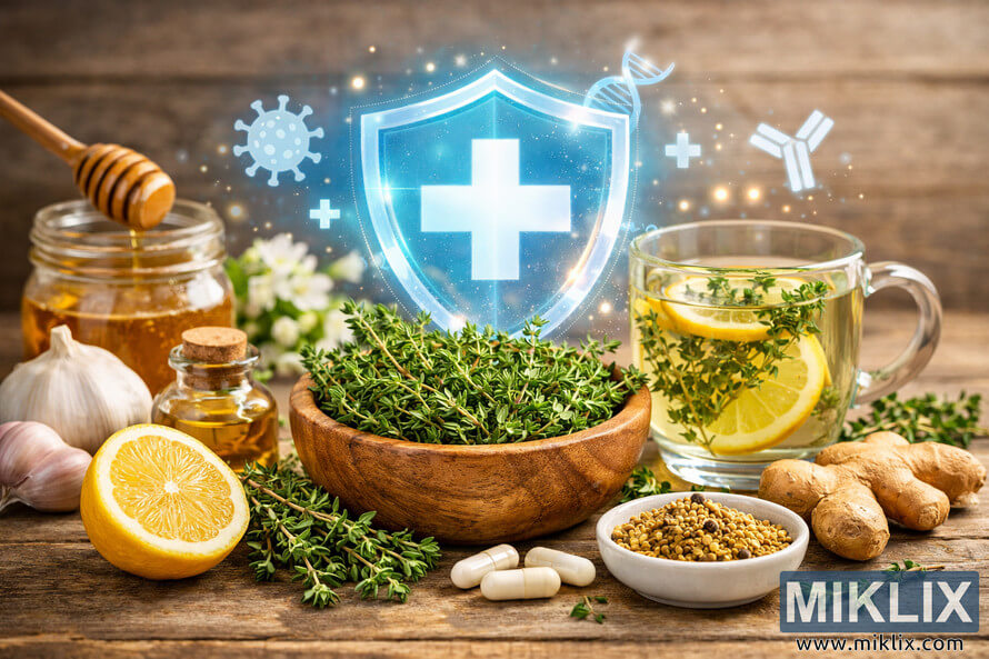 Landscape photo of an immune system support concept featuring a central wooden bowl filled with fresh thyme sprigs, surrounded by a glass bottle of thyme essential oil, a clear mug of herbal tea with lemon slices and thyme, a halved lemon, ginger root, a dish of bee pollen granules, and white capsules on a rustic wooden surface. In the background, a glowing blue shield with a white cross is encircled by holographic particles, plus signs, molecular structures, a virus icon, a DNA helix, and an antibody symbol, suggesting protection and immune health. Landscape photo of an immune system support concept featuring a central wooden bowl filled with fresh thyme sprigs, surrounded by a glass bottle of thyme essential oil, a clear mug of herbal tea with lemon slices and thyme, a halved lemon, ginger root, a dish of bee pollen granules, and white capsules on a rustic wooden surface. In the background, a glowing blue shield with a white cross is encircled by holographic particles, plus signs, molecular structures, a virus icon, a DNA helix, and an antibody symbol, suggesting protection and immune health.