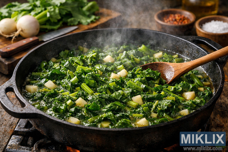 A close-up view of fresh turnip greens simmering in a cast iron skillet, with steam rising as a wooden spoon stirs the vibrant green leaves and diced white turnip roots. In the background, a rustic cutting board holds whole turnips with greens attached, alongside a knife and small bowls of salt and red pepper flakes. A close-up view of fresh turnip greens simmering in a cast iron skillet, with steam rising as a wooden spoon stirs the vibrant green leaves and diced white turnip roots. In the background, a rustic cutting board holds whole turnips with greens attached, alongside a knife and small bowls of salt and red pepper flakes.