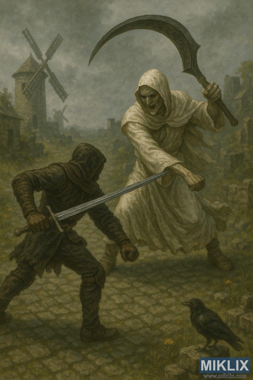 Art tifoz i Elden Ring qÃ« tregon armaturÃ«n e Tarnished in Black ThikÃ« duke sulmuar me njÃ« shpatÃ« tÃ« drejtÃ« ndÃ«rsa njÃ« Apostull i gjatÃ« Godskin lÃ«kund Godskin Peeler nÃ« Fshatin Dominula Windmill.