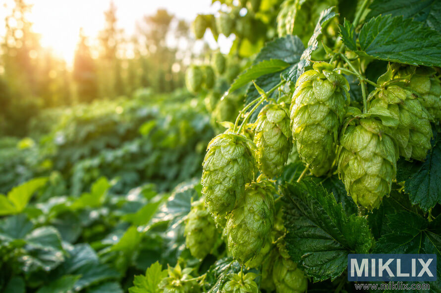Close-up landscape photograph of fresh Whitbread Golding hop cones covered in morning dew, surrounded by vibrant green leaves with softly blurred hop plants and warm golden sunlight creating a natural garden background. Close-up landscape photograph of fresh Whitbread Golding hop cones covered in morning dew, surrounded by vibrant green leaves with softly blurred hop plants and warm golden sunlight creating a natural garden background.