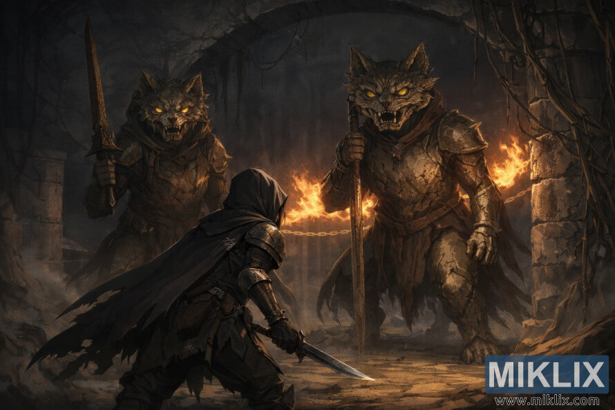 Uma cena realista de fantasia do Maculado com armadura de Faca Negra a confrontar dois CÃ£es de Guarda da Sepultura da Ãrvore Ãurea numa catacumba subterrÃ¢nea em chamas.