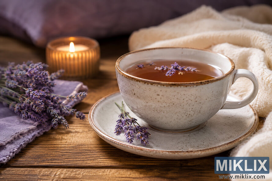 A warm ceramic cup of organic lavender tea sits on a rustic wooden table beside fresh lavender sprigs, a glowing candle, and soft cream-colored blankets, creating a peaceful atmosphere associated with relaxation and sleep improvement. A warm ceramic cup of organic lavender tea sits on a rustic wooden table beside fresh lavender sprigs, a glowing candle, and soft cream-colored blankets, creating a peaceful atmosphere associated with relaxation and sleep improvement.