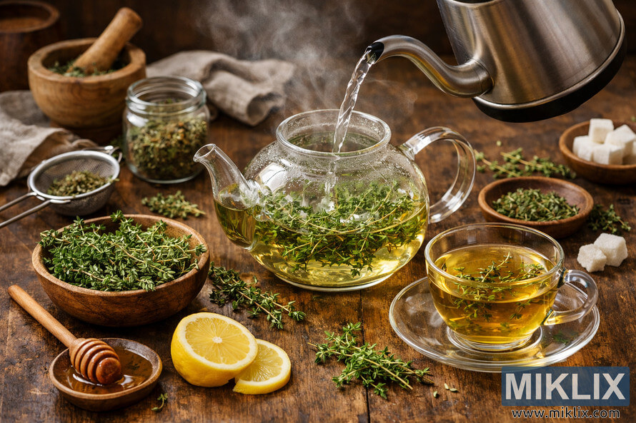 A rustic tea-making scene showing a glass teapot being filled with hot water over fresh thyme sprigs, surrounded by honey, lemon, and herbs on a wooden table. A rustic tea-making scene showing a glass teapot being filled with hot water over fresh thyme sprigs, surrounded by honey, lemon, and herbs on a wooden table.