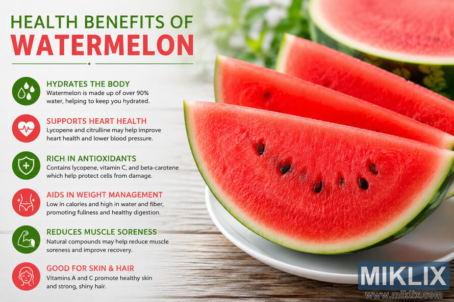 A landscape infographic featuring fresh watermelon slices with vibrant red flesh on the right and a clean list of watermelon health benefits with colorful icons on the left, emphasizing hydration, antioxidants, heart health, weight management, muscle recovery, and skin wellness. A landscape infographic featuring fresh watermelon slices with vibrant red flesh on the right and a clean list of watermelon health benefits with colorful icons on the left, emphasizing hydration, antioxidants, heart health, weight management, muscle recovery, and skin wellness.