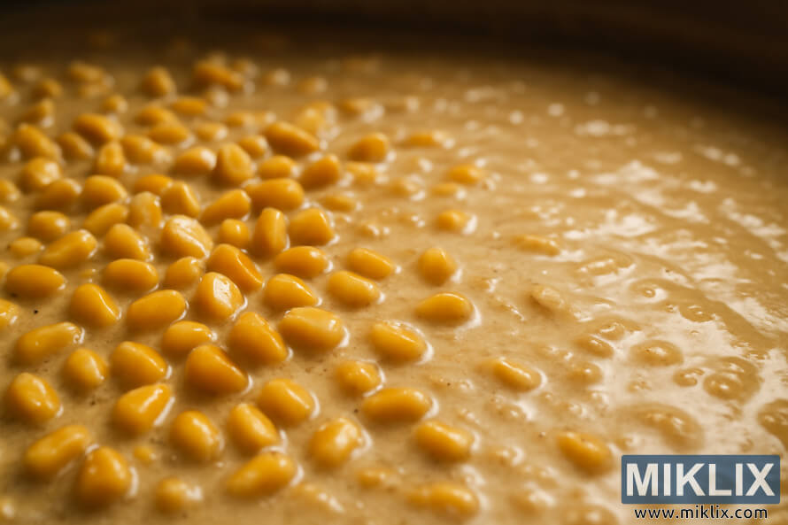 Närbild av malda majskorn i tjock kornmos under varmt diffust ljus. Närbild av malda majskorn i tjock kornmos under varmt diffust ljus.