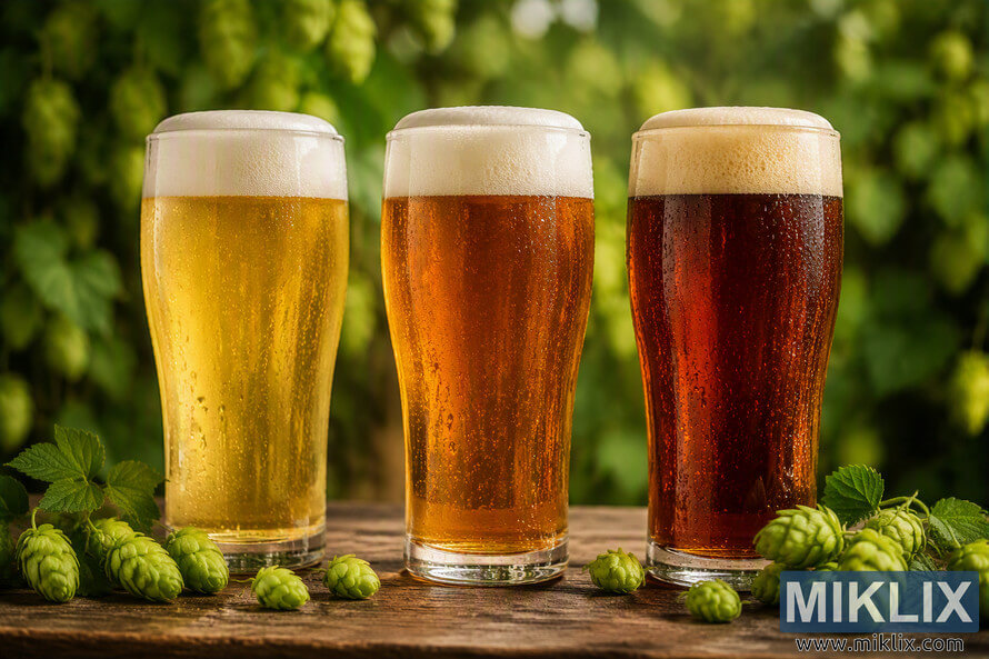 Landscape photo of three pint glasses filled with different beer styles arranged side by side on a rustic wooden table. The beers range in color from pale golden to medium amber and deep amber-brown, each topped with a thick white foam head. Fresh green hop cones and hop leaves are scattered around the glasses, while a softly blurred background of hop vines creates a natural brewing and agriculture setting. Condensation droplets on the glasses emphasize freshness and cold serving temperature. Landscape photo of three pint glasses filled with different beer styles arranged side by side on a rustic wooden table. The beers range in color from pale golden to medium amber and deep amber-brown, each topped with a thick white foam head. Fresh green hop cones and hop leaves are scattered around the glasses, while a softly blurred background of hop vines creates a natural brewing and agriculture setting. Condensation droplets on the glasses emphasize freshness and cold serving temperature.