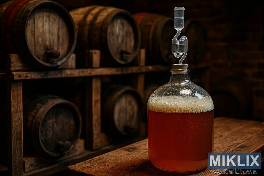 Gilashin carboy mai Æyalli na Biritaniya akan teburi na katako tare da gangunan giya a cikin cellar rustic Gilashin carboy mai Æyalli na Biritaniya akan teburi na katako tare da gangunan giya a cikin cellar rustic