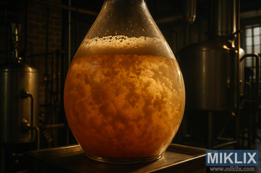 Enë fermentimi prej qelqi të ndezur me lëng qelibar të shkumëzuar në një mjedis të errët birrarie industriale. Enë fermentimi prej qelqi të ndezur me lëng qelibar të shkumëzuar në një mjedis të errët birrarie industriale.