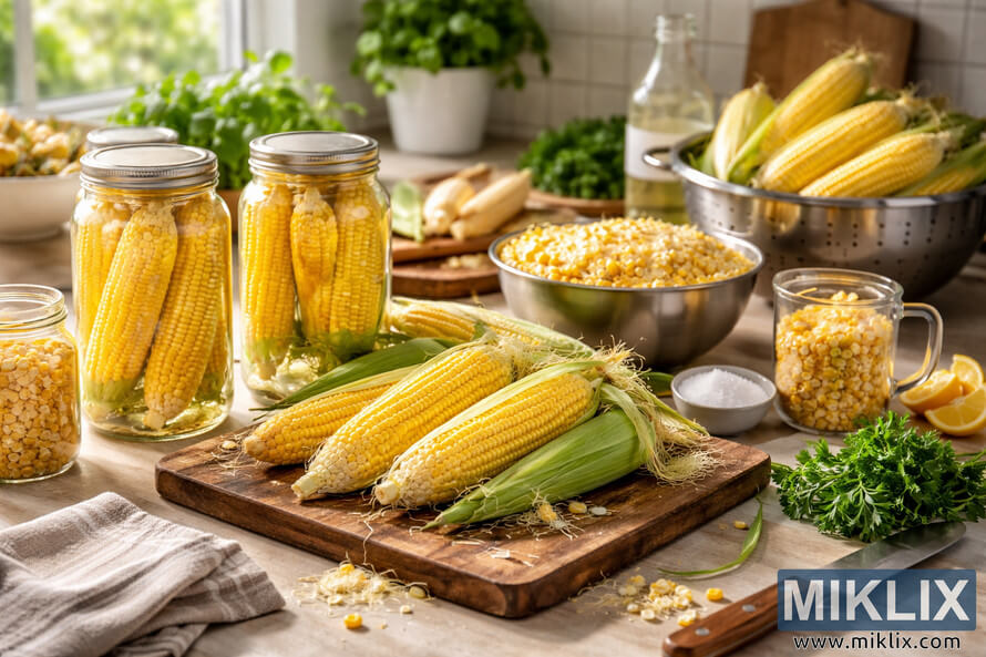 Fresh ears of corn on a wooden cutting board with jars of preserved corn, bowls of kernels, herbs, and kitchen tools on a bright kitchen counter.
