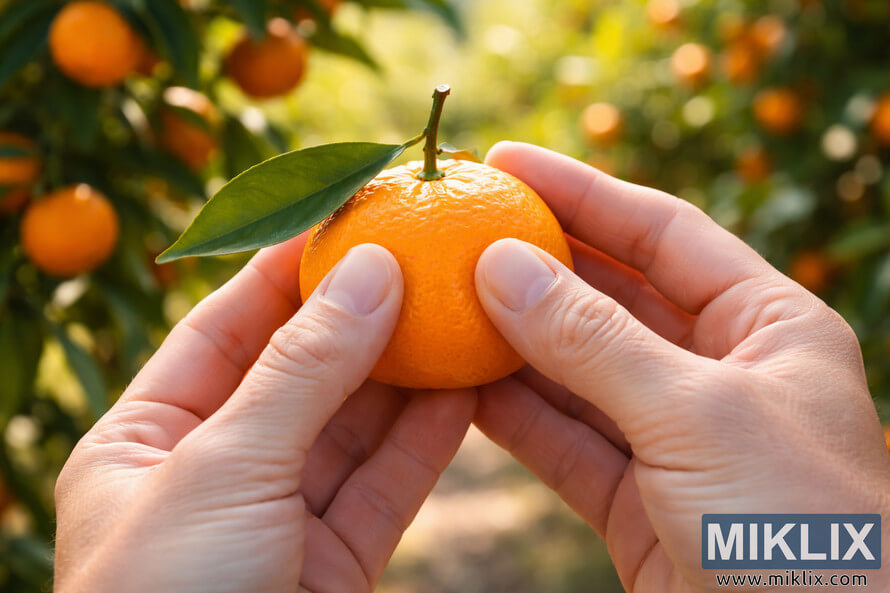 Hands gently pressing a freshly picked tangerine to test ripeness in a sunlit orchard.