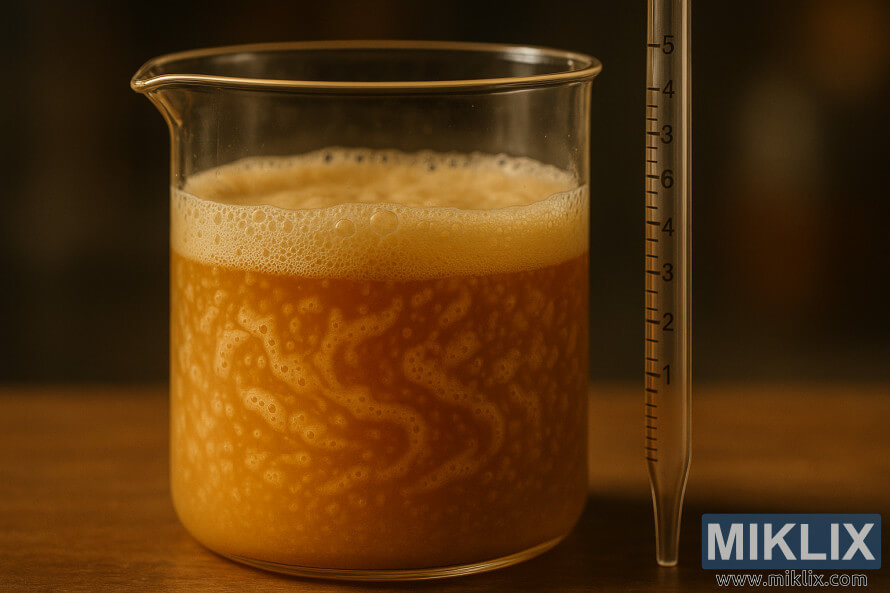 Cáº­n cáº£nh má»t loáº¡i men kem trong cá»c thá»§y tinh thÃ­ nghiá»m Äang phÃ¡t sÃ¡ng vá»i má»t á»ng nhá» giá»t gáº§n ÄÃ³.