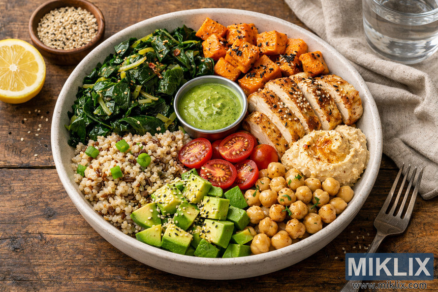 A high-resolution landscape photo of a healthy lunch bowl featuring collard greens, grains, and proteins arranged artfully in a ceramic bowl on a rustic wooden table.