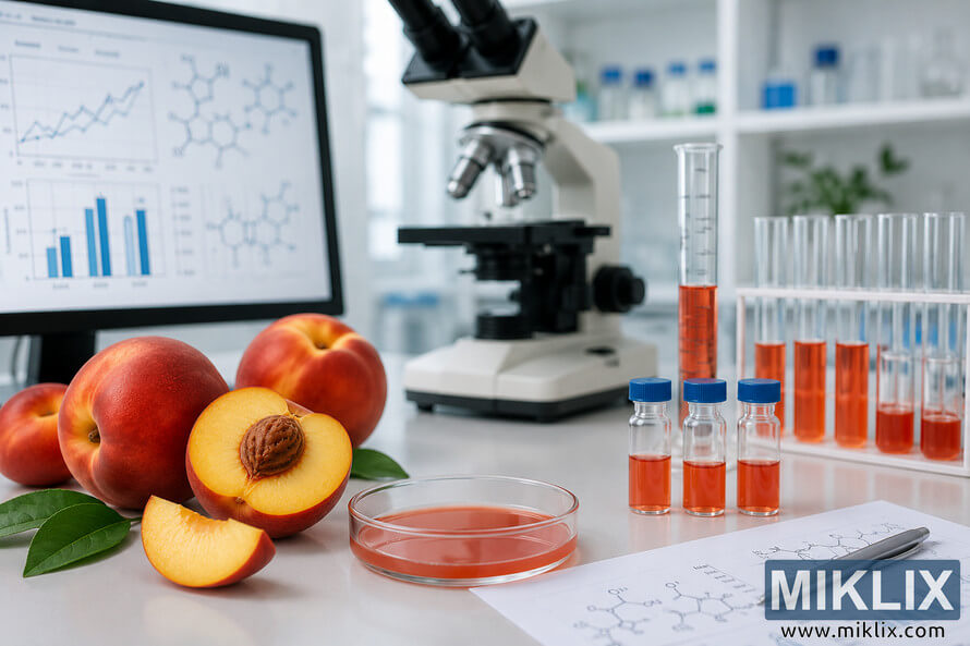 Modern scientific laboratory scene showing nectarines and sliced stone fruit beside microscopes, laboratory glassware, chemical samples, and analytical charts used for researching fruit compounds and food science. Modern scientific laboratory scene showing nectarines and sliced stone fruit beside microscopes, laboratory glassware, chemical samples, and analytical charts used for researching fruit compounds and food science.