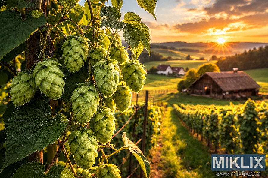 Close-up of green Hallertau Tradition hop cones in sharp focus against a softly blurred Bavarian hop field, rustic farmhouses, and a golden sunset. Close-up of green Hallertau Tradition hop cones in sharp focus against a softly blurred Bavarian hop field, rustic farmhouses, and a golden sunset.