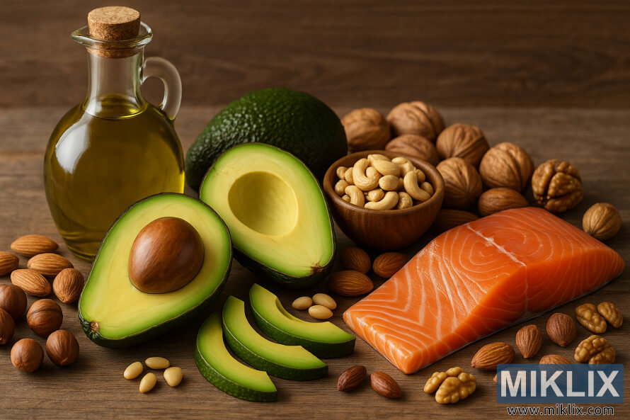 OliiviÃ¶ljyÃ¤, avokadoa, pÃ¤hkinÃ¶itÃ¤ ja tuoretta lohifileetÃ¤ aseteltuna maalaismaiselle puupinnalle.