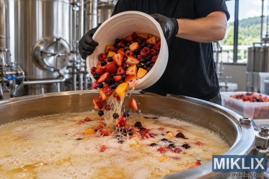 Gloved worker pours fresh mixed berries and orange fruit pieces from a white bucket into a foamy golden liquid in a stainless-steel fermentation vessel. Gloved worker pours fresh mixed berries and orange fruit pieces from a white bucket into a foamy golden liquid in a stainless-steel fermentation vessel.