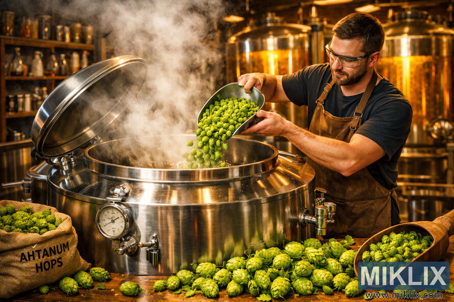 Skilled brewer in apron and safety goggles pouring fresh Ahtanum hops into a steaming stainless steel brew kettle inside a warmly lit craft brewery with fermentation tanks in the background.