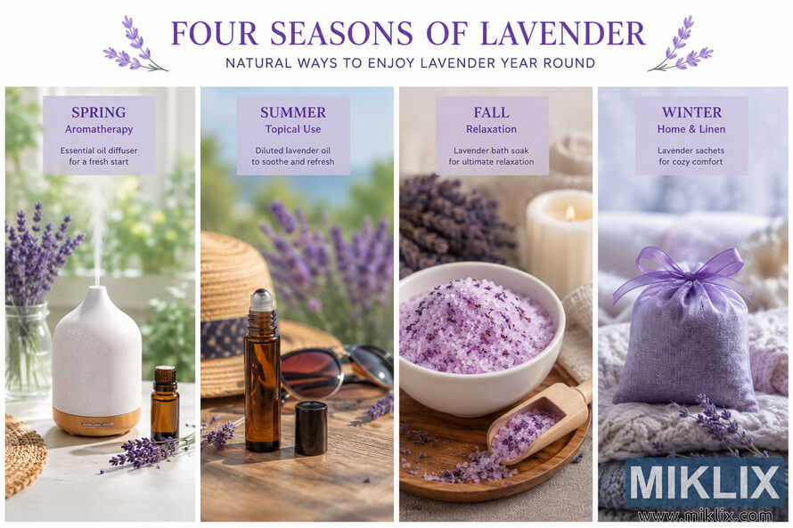 A high-resolution landscape infographic divided into four seasonal panels showing different lavender applications throughout the year. Spring features aromatherapy with a lavender diffuser and essential oil bottle. Summer shows topical lavender oil use outdoors beside sunglasses and a straw hat. Fall displays lavender bath salts and candles for relaxation. Winter presents lavender sachets on cozy blankets for home and linen freshness. The design uses calming purple tones, soft lighting, and elegant typography. A high-resolution landscape infographic divided into four seasonal panels showing different lavender applications throughout the year. Spring features aromatherapy with a lavender diffuser and essential oil bottle. Summer shows topical lavender oil use outdoors beside sunglasses and a straw hat. Fall displays lavender bath salts and candles for relaxation. Winter presents lavender sachets on cozy blankets for home and linen freshness. The design uses calming purple tones, soft lighting, and elegant typography.