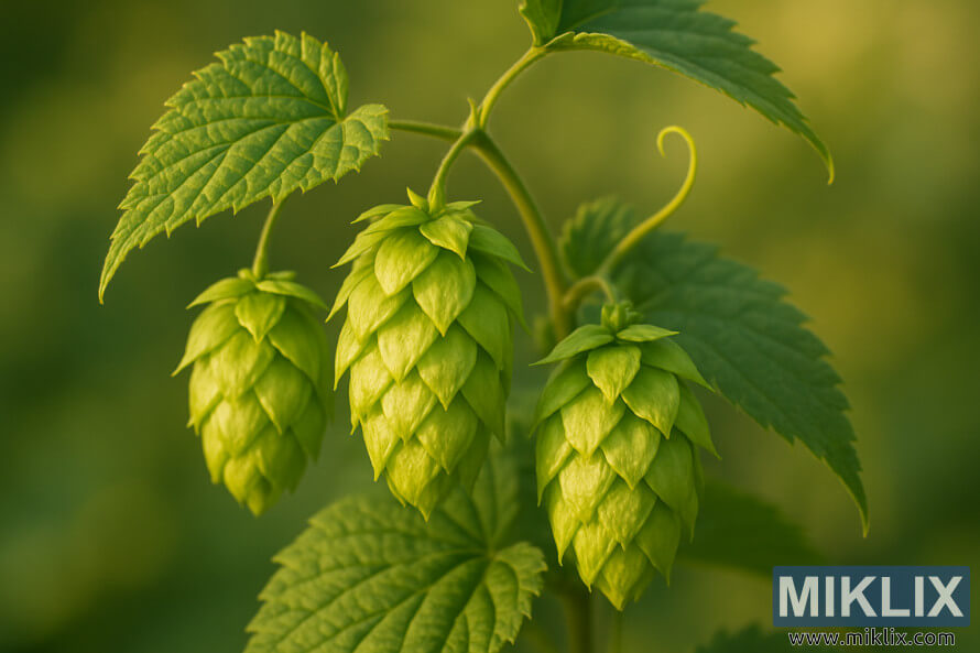 LÃ¤hivÃµte Banneri humalakÃ¤bidest ja -lehtedest, mis helendavad soojas pÃ¤ikesevalguses.