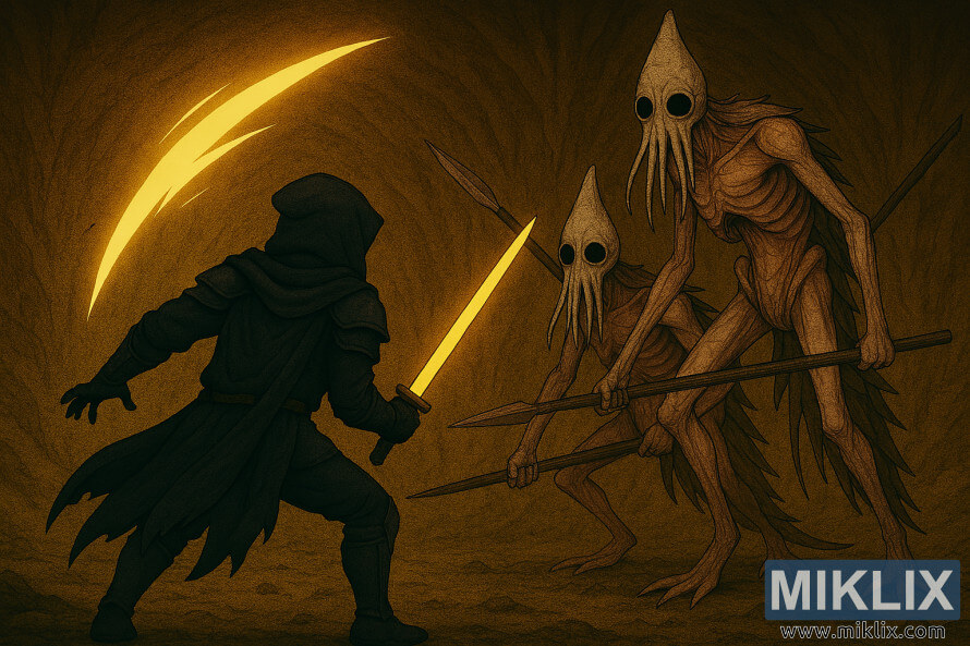 Arte de fan de Elden Ring al estilo anime de los Tarnished luchando contra dos imponentes VÃ¡stagos de la Podredumbre en una caverna.