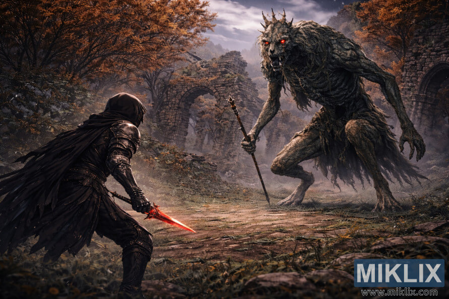 Fantasy scÃ©na v anime Å¡tÃ½le, kde PoÅ¡kvrnenÃ½ v brnenÃ­ Äierneho noÅ¾a ÄelÃ­ gigantickej poloÄ¾udskej krÃ¡Ä¾ovnej v rozÄ¾ahlÃ½ch lesnÃ½ch ruinÃ¡ch pred bitkou.