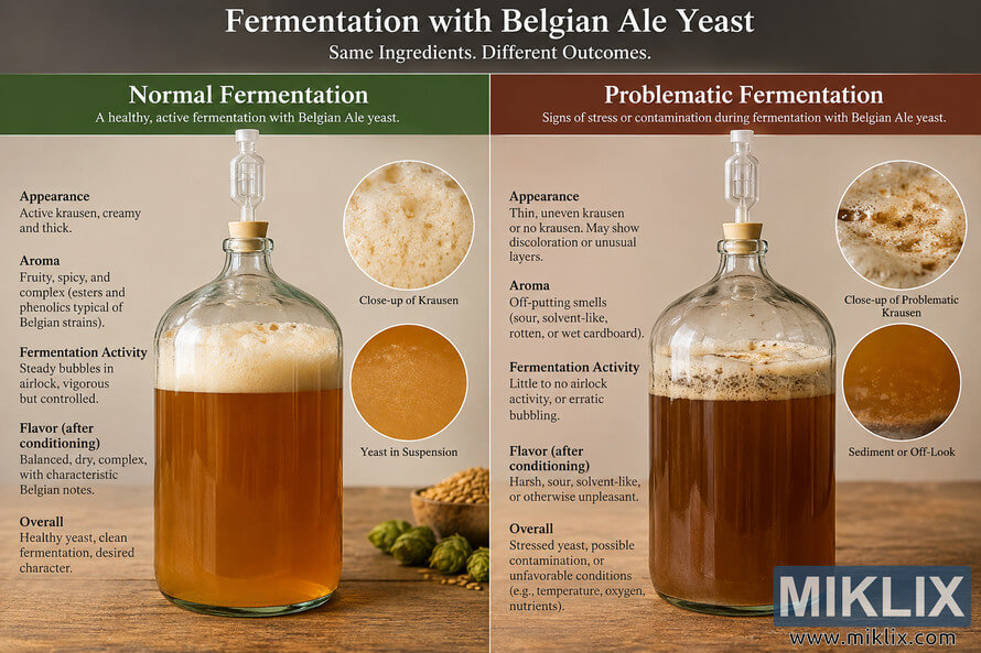 Side-by-side infographic comparing normal Belgian ale yeast fermentation with a problematic fermentation, showing two glass fermenters, krausen, yeast or sediment close-ups, and signs related to appearance, aroma, activity, and flavor. Side-by-side infographic comparing normal Belgian ale yeast fermentation with a problematic fermentation, showing two glass fermenters, krausen, yeast or sediment close-ups, and signs related to appearance, aroma, activity, and flavor.