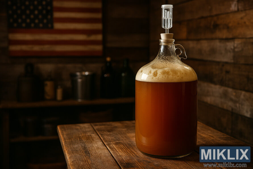 BÃ¬nh thá»§y tinh Äá»±ng bia Má»¹ Äang lÃªn men trÃªn bÃ n gá» trong phÃ²ng á»§ bia thá»§ cÃ´ng má»c máº¡c