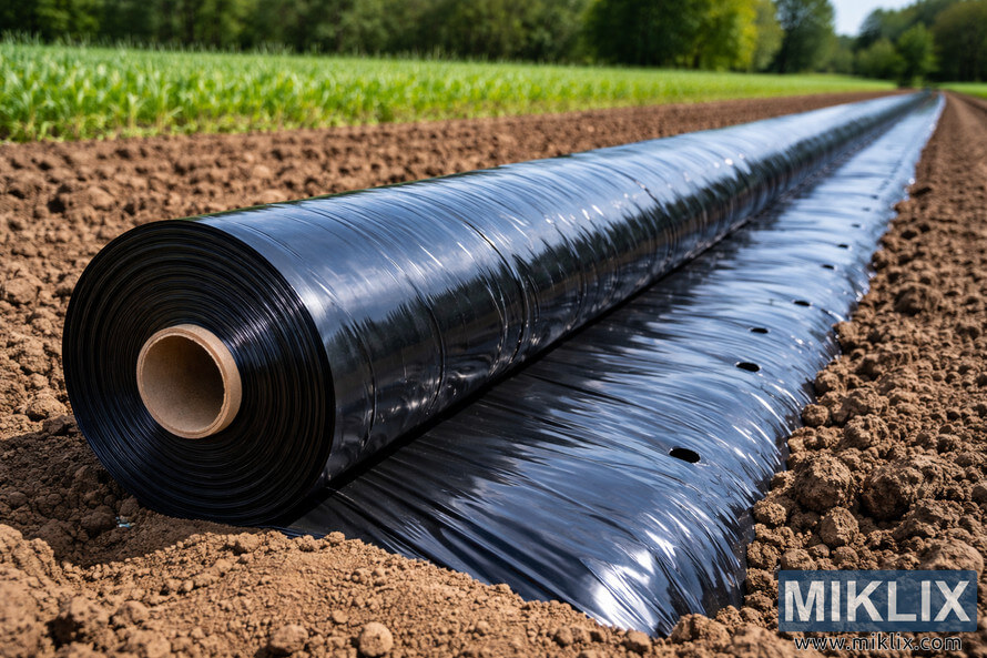 Large roll of black plastic mulch partially unrolled over freshly tilled soil rows in a sunny agricultural field.
