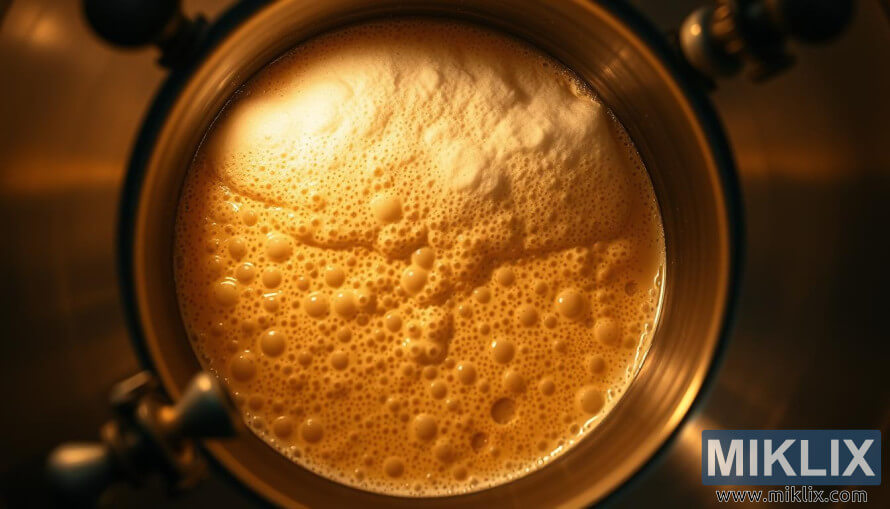 Gros plan sur la fermentation de la biÃ¨re bouillonnante dans une cuve en acier inoxydable avec de la mousse sur le dessus.