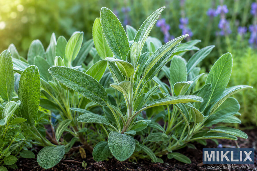 Close-up landscape photograph of a healthy Salvia officinalis sage plant growing in a lush garden bed with soft sunlight, textured green leaves, and blurred purple flowers in the background.