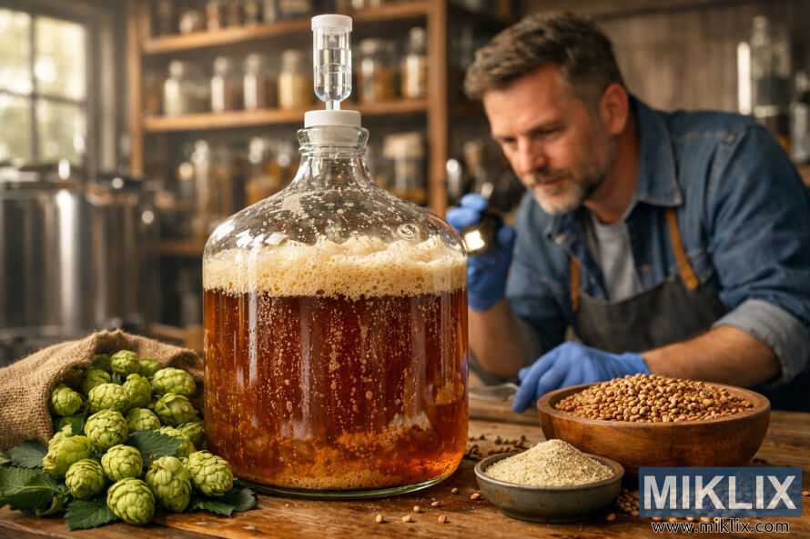 Glass carboy with actively fermenting beer surrounded by hops and malt, watched by a focused brewer in a warm, rustic brewery setting. Glass carboy with actively fermenting beer surrounded by hops and malt, watched by a focused brewer in a warm, rustic brewery setting.