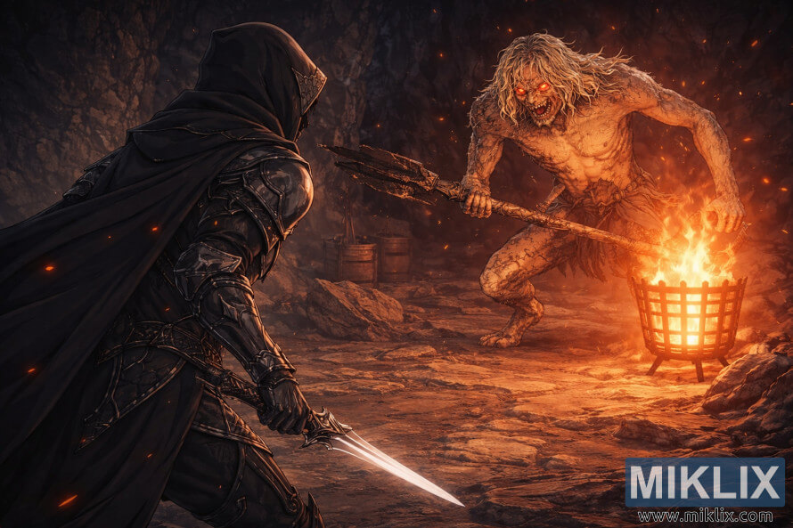 Anime stila fanu mÄksla, kurÄ attÄlots bruÅots Black Knife Tarnished, skatoties no aizmugures, stÄjoties pretÄ« milzÄ«gam Scaly Misbegotten bosam ugunÄ«gÄ alÄ pirms kaujas.