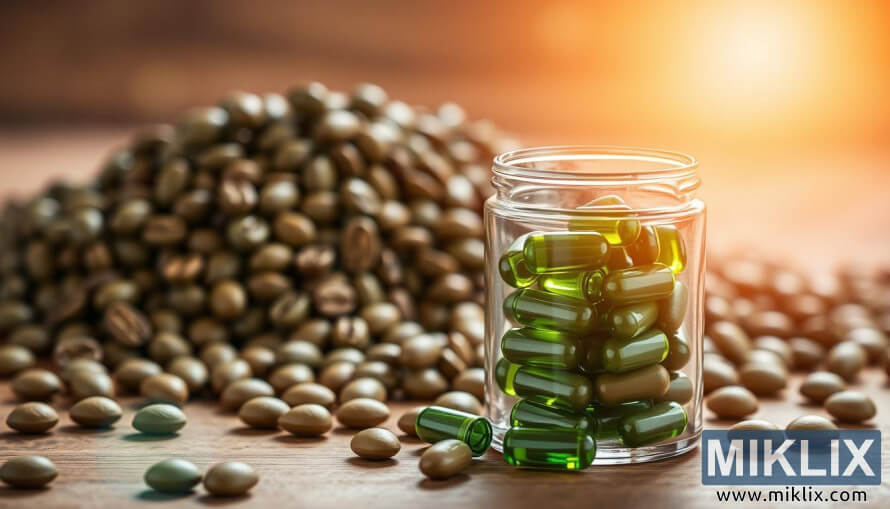 Krupni plan zelenih zrna kave i kapsula dodataka prehrani na drvenoj povrÅ¡ini.