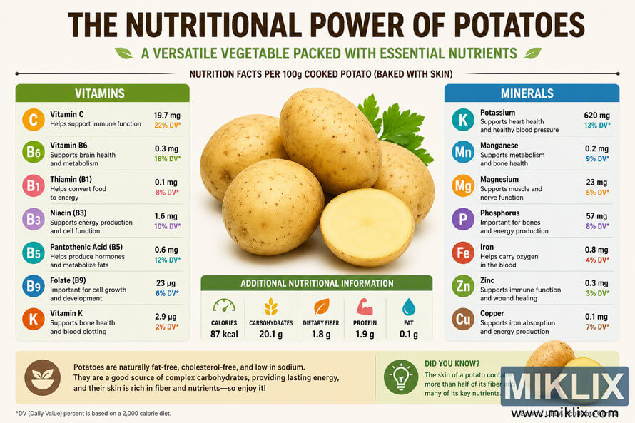 Colorful landscape infographic showing potatoes with charts listing vitamins, minerals, calories, carbohydrates, fiber, protein, and fat per 100 g cooked potato. Colorful landscape infographic showing potatoes with charts listing vitamins, minerals, calories, carbohydrates, fiber, protein, and fat per 100 g cooked potato.