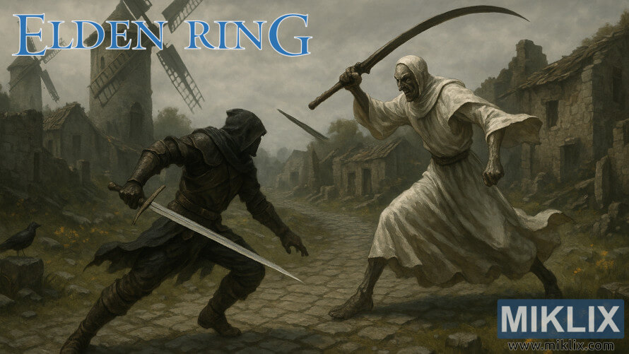 Elden Ring fan art showing the Tarnished in Black Knife armor attacking a Godskin Apostle wielding the Godskin Peeler in Dominula Windmill Village. Elden Ring fan art showing the Tarnished in Black Knife armor attacking a Godskin Apostle wielding the Godskin Peeler in Dominula Windmill Village.