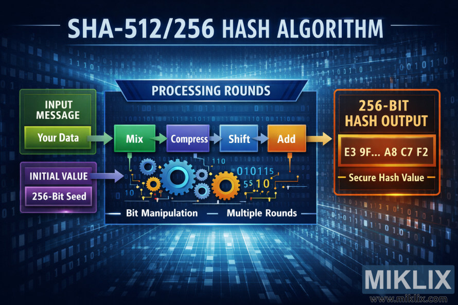 Infographic showing the SHA-512/256 hash algorithm with inputs flowing through abstract processing rounds to a 256-bit hash output.
