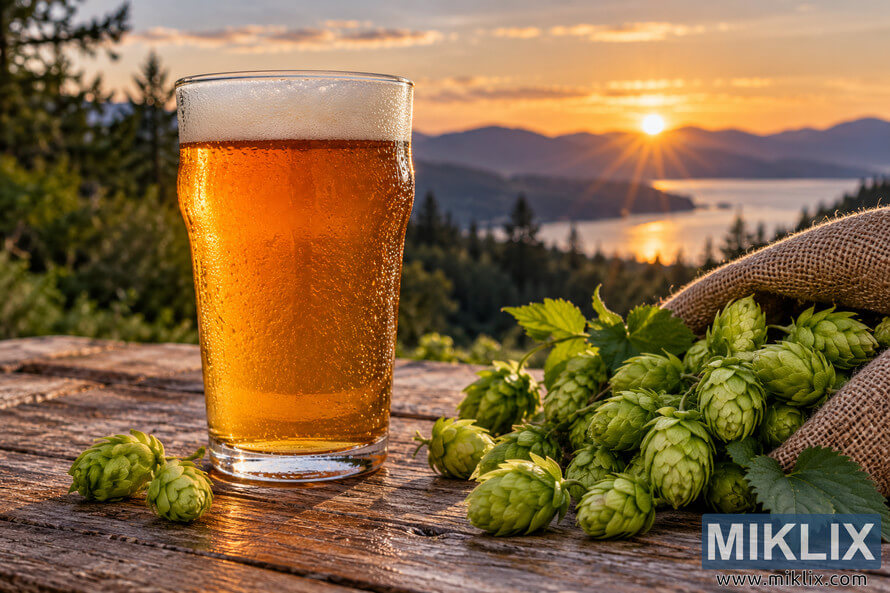 Cold amber American Pale Ale with a foamy head beside fresh green hop cones and a burlap sack on a rustic wooden table, overlooking forested mountains and reflective water at golden sunset.