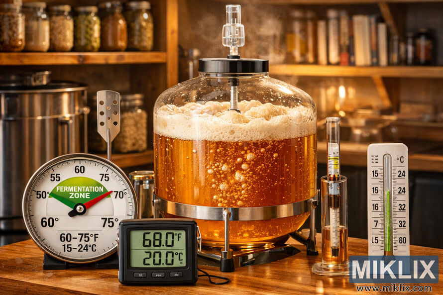 Glass fermenter filled with pale amber KÃ¶lsch beer actively fermenting, surrounded by thermometers, gauges showing 60â75Â°F (15â24Â°C), and home brewing equipment in a warm, softly lit brewery setting.