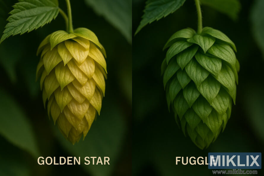 Ð¤Ð¾ÑÐ¾Ð³ÑÐ°ÑÐ¸Ñ ÐºÑÑÐ¿Ð½ÑÐ¼ Ð¿Ð»Ð°Ð½Ð¾Ð¼ Ð´Ð²ÑÑ ÑÐ¸ÑÐµÐº ÑÐ¼ÐµÐ»Ñ â Golden Star Ð·Ð¾Ð»Ð¾ÑÐ¸ÑÑÐ¾-Ð¶ÐµÐ»ÑÐ¾Ð¹ Ð¸ Fuggle Ð·ÐµÐ»ÐµÐ½Ð¾Ð¹, Ð¿Ð¾Ð´ÑÐµÑÐºÐ¸Ð²Ð°ÑÑÐ°Ñ Ð¸Ñ ÑÐµÐºÑÑÑÑÑ Ð¸ ÑÐ°Ð·Ð»Ð¸ÑÐ¸Ñ.